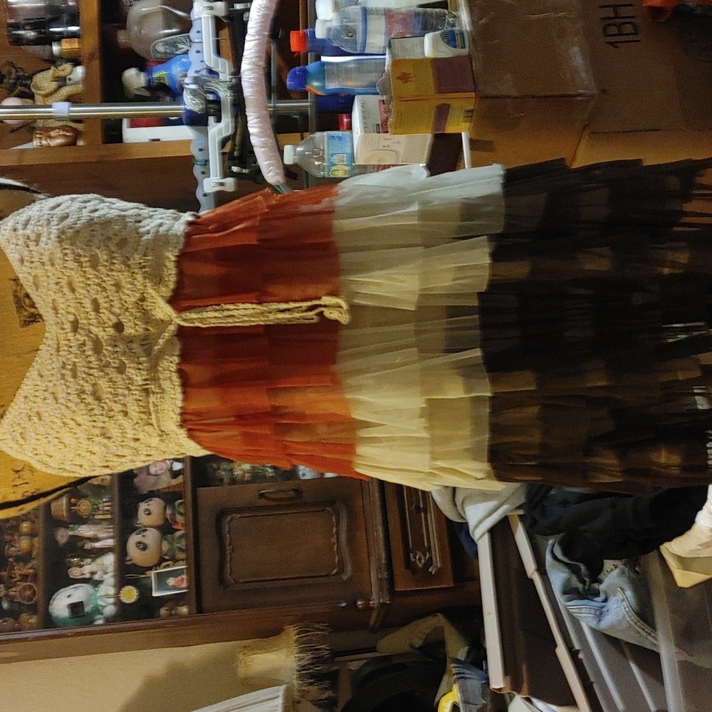 Black,tan,rust ruffled crochet dress